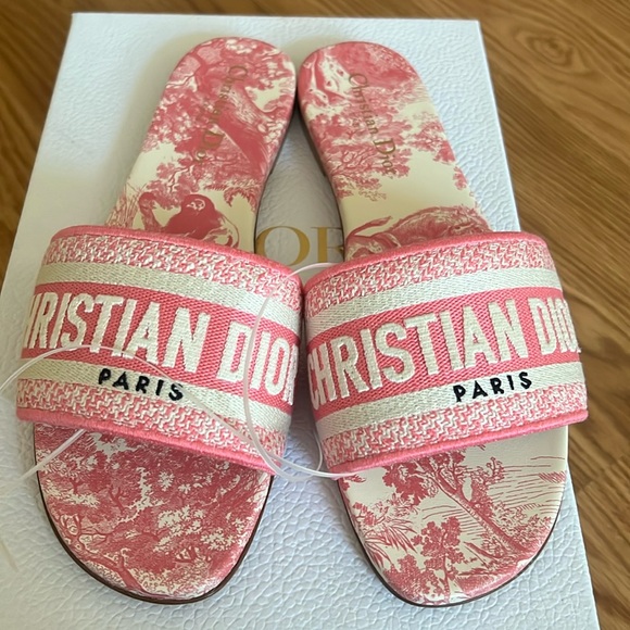 Dior off white and light pink dway toile de jouy embroidered slide - Picture 2 of 9